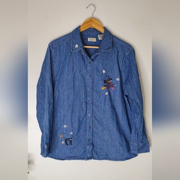 Classic Elements Embroidered Halloween Denim Shirt Womens Size 14 - Picture 1 of 9